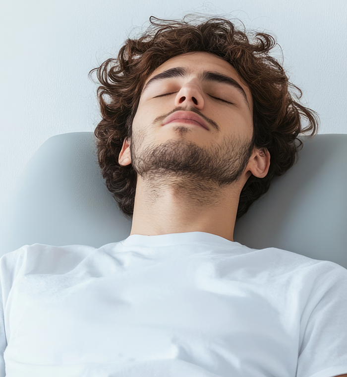 Relaxed male dental patient sitting back in dental chair