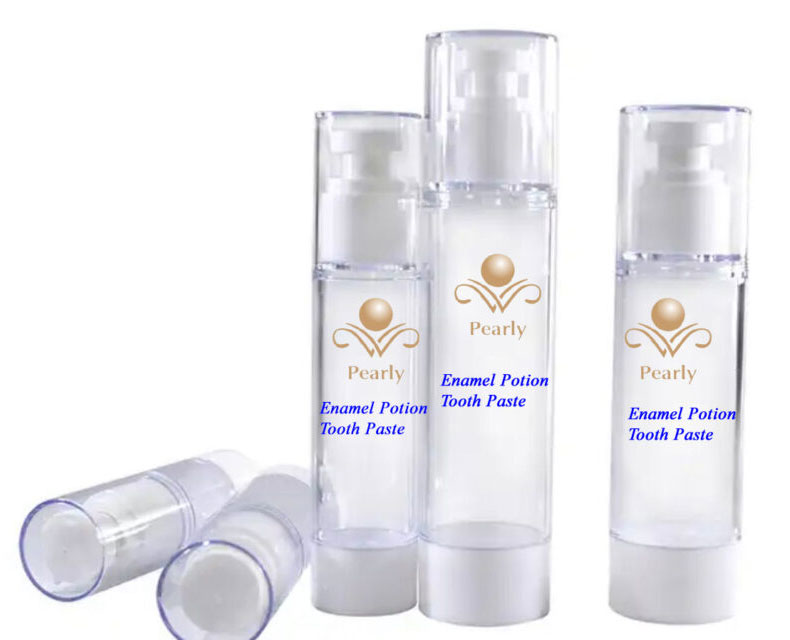 The image shows a set of three clear bottles containing cosmetic products, each labeled with text that includes the word  pearl,  suggesting they are part of a beauty or skincare line.