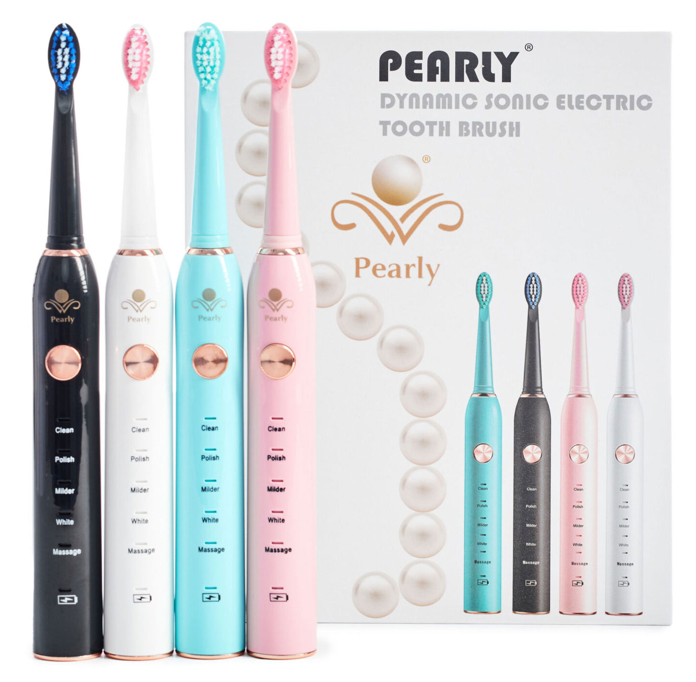 The image displays a collection of electric toothbrushes with bristles visible, presented in a package alongside a box of dental floss, all set against a white background with a subtle gradient effect.