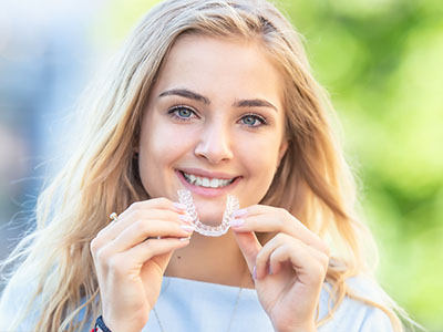 A young woman holding a clear plastic dental retainer with her mouth.