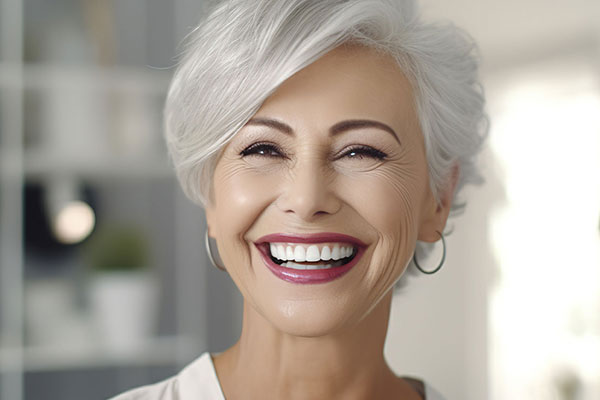 A smiling elderly woman with white hair, wearing a light-colored top.